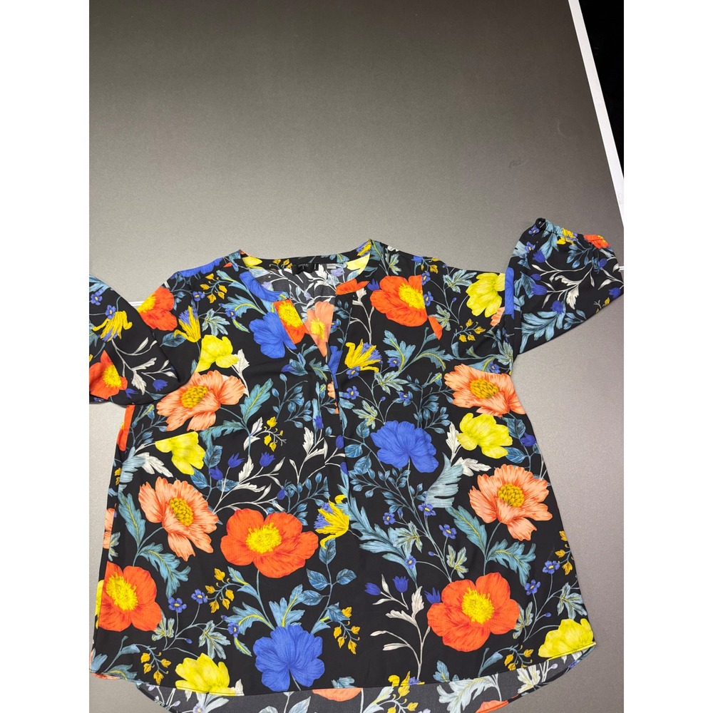 Tahari Woman Floral V-Neck Blouse Black Orange Blue 1X Plus Size Top